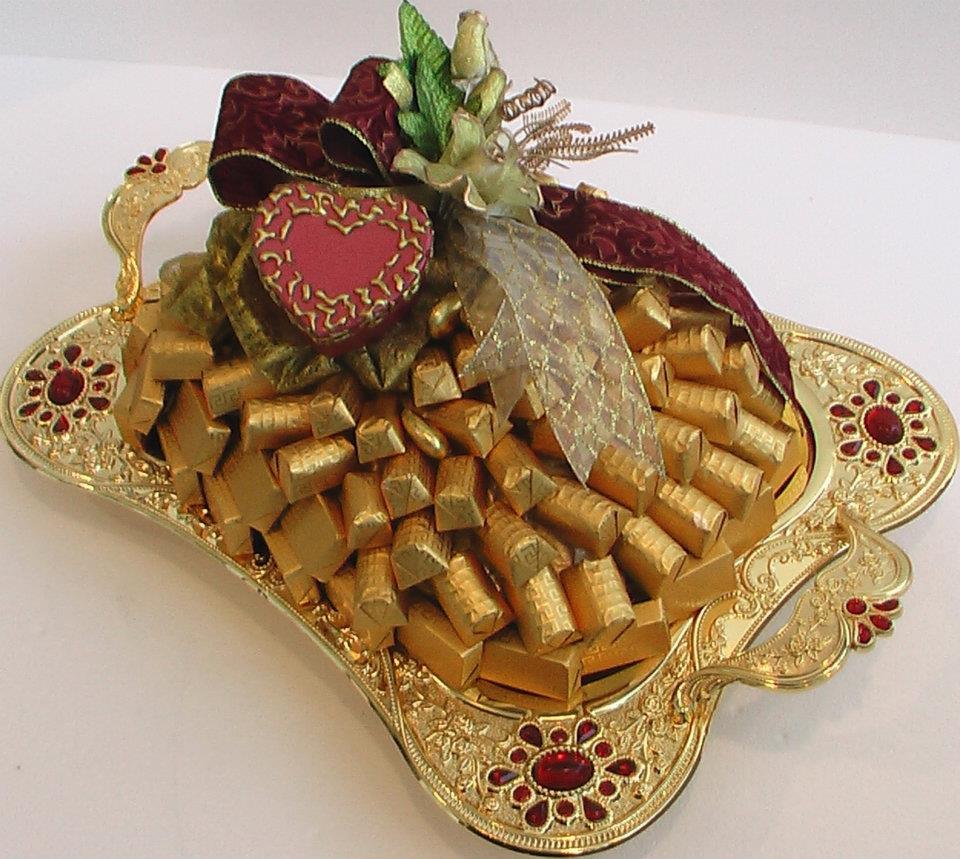 Golden Brass Tray filled with 2.5Kg of Premium Belgian Chocolate